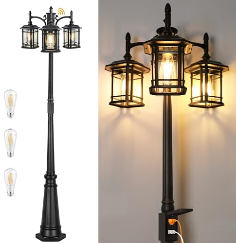 Dusk to Dawn Outdoor Lamp Post Lights with GFCI Outlet, Black Light Pole with Clear Glass Panels (3 LED Bulbs Included), 3-Head Hardwired Waterproof Outside Street Lights for Backyard Garden Driveway