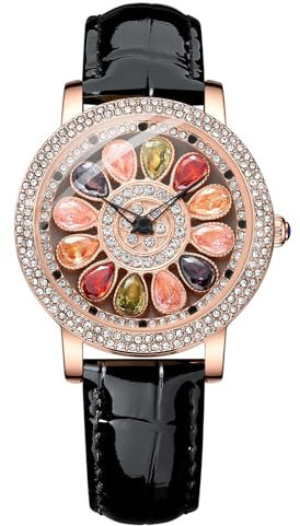 Silverora Uhren Damen Leder Kristall: 3ATM Wasserdicht Strass Analoge Quarz Armbanduhren Drehbares Oberfläche Anti Stress Uhr mit Echtes Lederarmband für Frauen Schwarz