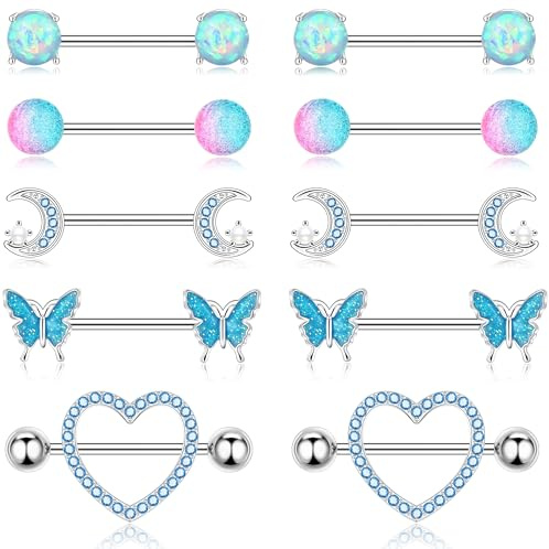 Zankulas Nipple Rings Surgical Steel Nipple Piercing Jewelry 14g for Women with Cute Heart Buttertly Moon Elements Blue