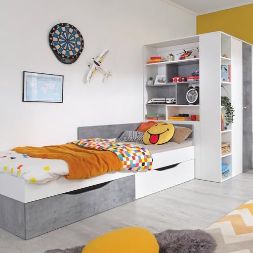 Lomadox Jugendzimmer Set 2-teilig mit Jugendbett 120x200cm, begehbarer Kleiderschrank in Beton und weiß modern