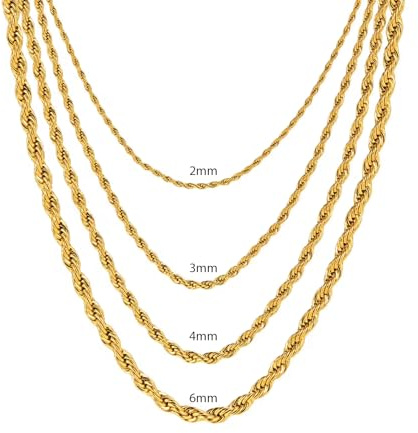 Collar Cadena Acero Inoxidable Trenzado para Hombre o Mujer - Plata o Oro - 2mm/3mm/4mm/6mm Ancho - 45-55cm Largo - Con Caja de Joyería (Oro 4mm, 45)
