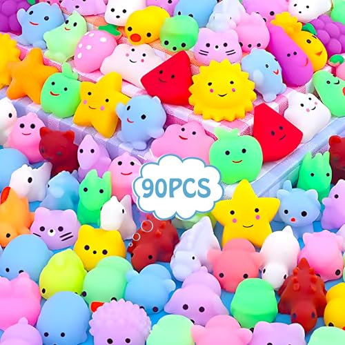 POWLYB 90 Stück Squishies Kawaii Soft Silikon Spielzeug Anti , Mini Soft Squeeze Stressabbau Squishies Anti Stress Spielzeug, Mitgebsel Kindergeburtstag Gastgeschenke (Zufälliger Stil und Farbe)