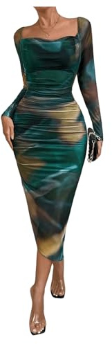 GORGLITTER Women's Square Neck Tie Dye Midi Dress Long Sleeve Ruched Bodycon Evening Party Club Prom Dresses Green Multi XL
