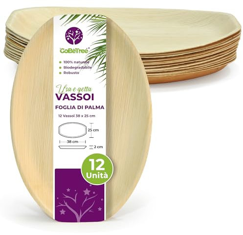 12 Bandejas Hoja de Palma 38x25cm grandes, Platos Desechables Elegantes,Platos Hoja de Palma para Eventos, Bandejas Desechables, Alternativa a Bandeja Bambú