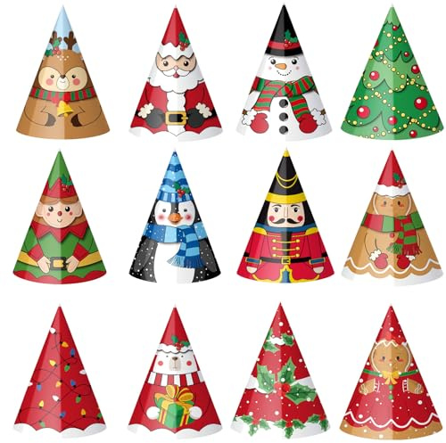 Harrycle 24 Pcs Christmas Party Hats Paper Xmas Tree Reindeer Santa Snowman Elf Cone Hat Christmas Photo Props Party Favors(Classic Style)