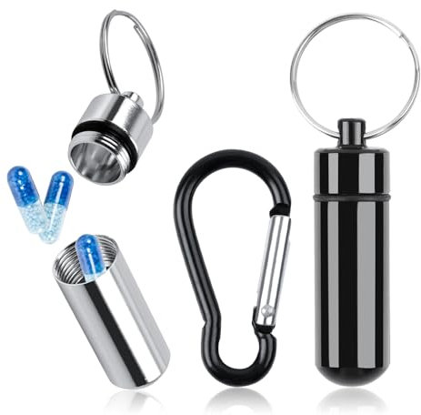 DAJISI 3 Stück Pillendose Schlüsselanhänger, Pillendose Aluminium Pillendose Klein für Unterwegs Schwarz und Silber Zylindrisch Pillenbox Klein für Outdoor Aktivitäten Reisen Camping