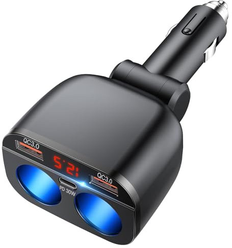OOWOLF 80W Caricatore Auto USB C, Caricabatteria Accendisigari Ricarica Rapida con 2 Prese,Voltmetro LED, Angolo regolabile per Cellulare GPS Dash Cam