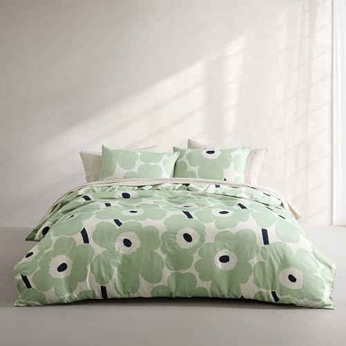 Marimekko Påslakanset i king-size, supermjuka organiska sängkläder med matchande örngott, blommiga sängkläder, Oeko-Tex-certifierat (Unikko-grön, king-size)