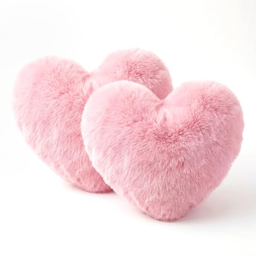 Rilcn Valentine's Day Heart Pillow, 2 Pack 33 * 25cm Washable Soft Pink Heart Shaped Pillow, Cute Fuzzy Fluffy Throw Pillows, Decrative Pillows Cushions for Bedroom Living Room Decor