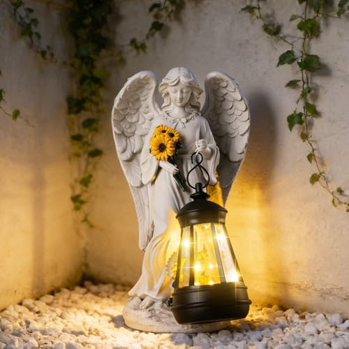 JJALIGHTS Sympathy Gifts for Loss of Loved One- 8.8 Resin Angel Figurines Holding Sunflowers Waterproof Angel Decor Cemetery Decorations for Grave-Grave Decorations for Cemetery