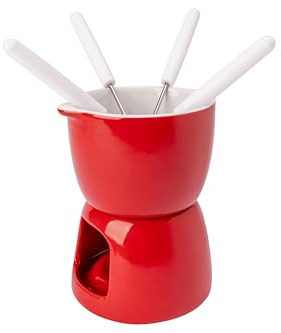 Cosy & Trendy Service à fondue chocolat en Porcelaine, rouge, D11.5 cm-Inclut 4 Fourchettes