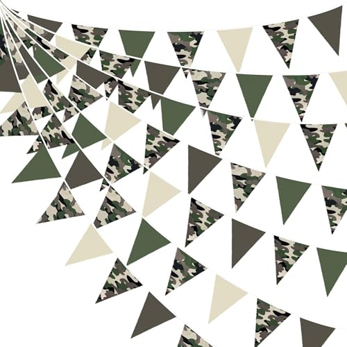 32Ft Camouflage Bunting Banner Party Decorations Green Brown Camo Hero Print Fabric Triangle Flag Pennant Garland for Military Soldier Army Tank Birthday Baby Shower Hunting Camping Party Decor