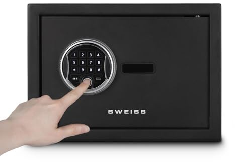 SWEISS Cassaforte elettronica SXT6820, capienza 8L, acciaio sicurizzato con impronta digitale e codice, display digitale, chiave di emergenza, USB Type-C, illuminazione a LED, nero