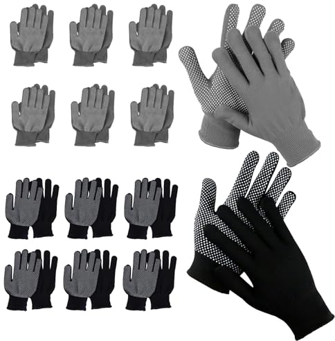 SGYKJ 14 pares de guantes de trabajo para hombre y mujer, de nailon, tejidos con tiradores, antideslizantes, para trabajo, almacén y montaje de vehículos (gris/negro).