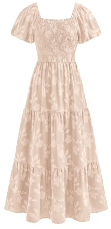 PRETTYGARDEN Women's 2026 Summer Boho Maxi Dresses Floral Short Sleeve Square Neck Smocked Flowy Long Dress Vacation Outfits (Beige,Medium)
