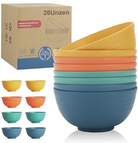 Wrova wiederverwendbar Müslischalen 8er Set - 750 ml Plastikschüssel Suppenschalen Spülmaschinen- und Mikrowellengeeignet Schüssel Set - Mehrfarbig