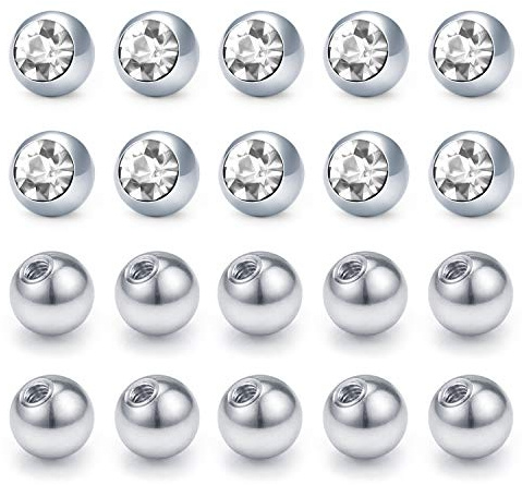 Funseedrr 20 Stück 14G Piercing Kugeln Set, 5 mm 1,6 mm Silber Gewinde Piercing Kugel Edelstahl Ersatzkugel Schraubkugel für Bauchnabelpiercing Zungenpiercing Nippelpiercing Ersatz Piercing Schmuck