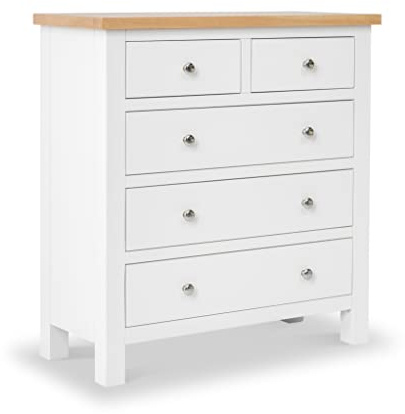 RoselandFurniture Farro White Chest of Drawers for Bedroom Tall Contemporary 2 Over 3 Solid Wood Painted Storage Chest with Oak Top | Fully Assembled