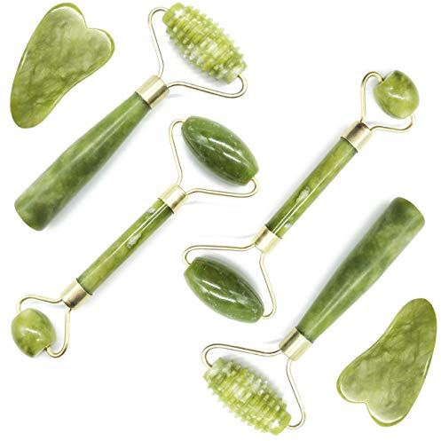 TIHOOD 6PCS Massage Tools Kits, 4 PCS Jade Roller Facial Ridged Roller Kits Skin Roller with 2 Pieces Scraping Massage Tools Anti Aging and Wrinkles for Face, Eye, Neck, Body for Lymphatic Massage