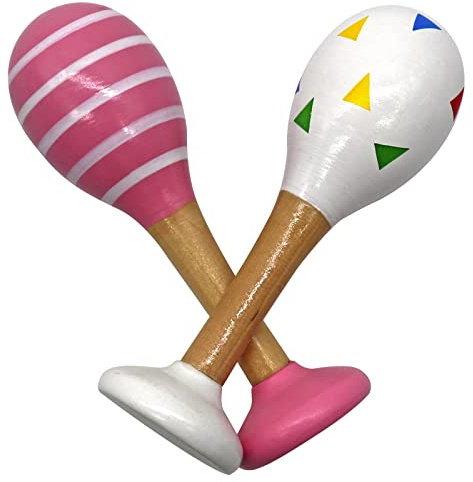 PREMYO Hochet Bébé Maracas Jouet en Bois - Instrument de Musique Enfant Fille Garçon - Triangles Bandes Rose