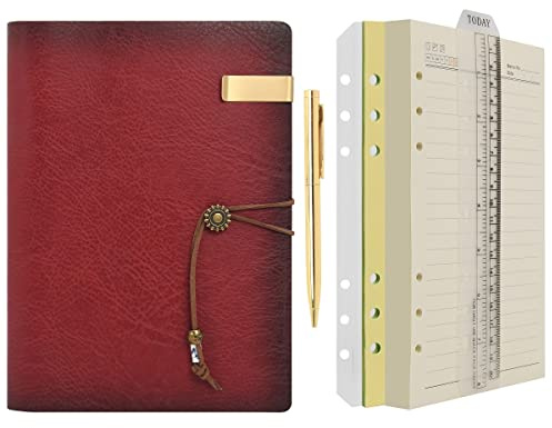 Wonderpool Carpeta de anillas de cuero para diario, cuaderno de papel recargable con forro de escritura, 6 anillos con blocs de notas para viajes de oficina y agenda (a-Vino rojo, A5)