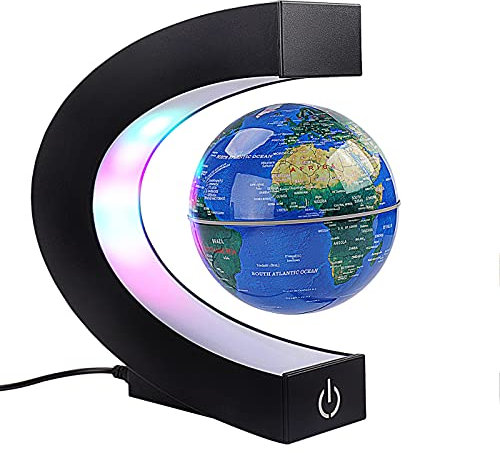 Floating Globe with Colored LED Lights C Shape Anti Gravity Magnetic Levitation Rotating World Map for Gift Home Office Desk Decoration (Blue, With switch)