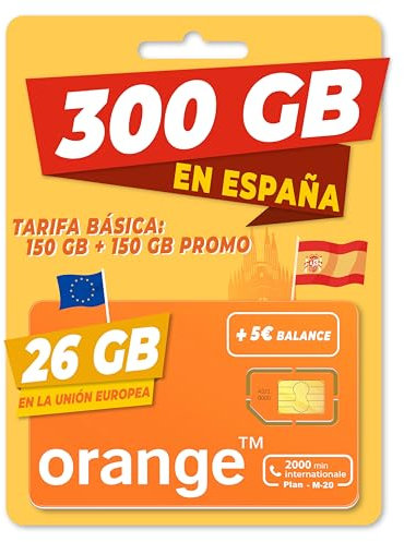 Orange Spain - Tarjeta SIM Prepago 300GB en España| 5€ de saldo | 26 GB en la Unión Europea | 2000 Minutos internacionales | Activación Online Solo en www marcopolomobile com