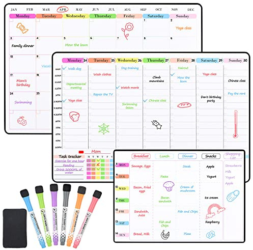 POPRUN Magnetic Whiteboard for Fridge 3 Pack, A3 Weekly & Monthly Planner, Meal Planner Board, White Board Calendar for Home Kitchen Office
