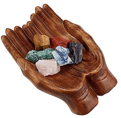 AHANDMAKER Carved Hand Decorative Bowl, Crystal Holder for Natural Stones Display, Crystal Tray, Crystal Display Shelf, Wood Key Bowl, Offering bowl for Rock Display, Wooden Bowls for Decor