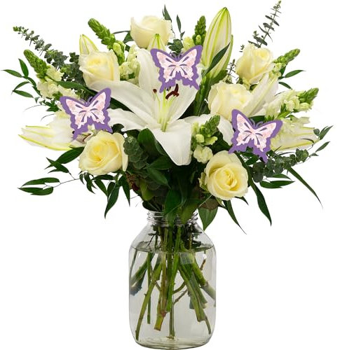 InterBloom | The Grace - Next Day Large and Luxurious Fresh Flower Butterfly Bouquet with White Oriental Lilies, Roses, Snapdragons and Exotic Foliage