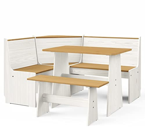 Keketa Juego de comedor de 3 piezas, mesa de comedor de madera y banco de esquina para 6, juego de mesa de cocina que ahorra espacio, madera maciza de pino marrón miel y blanco