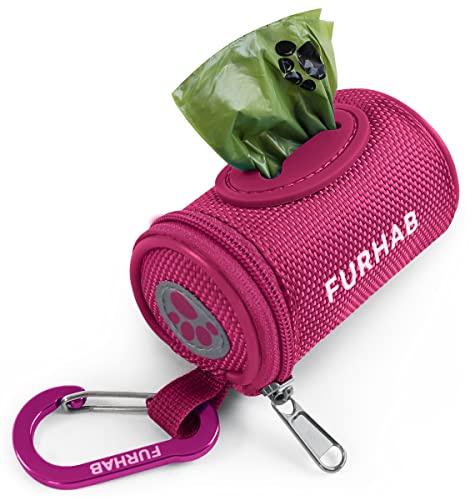 FURHAB Dog Poop Bag Holder for Leash Doggie Waste Bag Dispenser Soft Fabric Puppy Potty Carrier Small Doggy Zipper Pouch with Carabiner Clip 1680D Nylon Oxford with 1 Roll of Pet Trash Bags, Rose Red