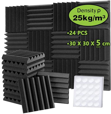 Foneso Pannelli Fonoassorbenti, 30x30x5 cm (Densità:25kg/m³) Schiuma Acustica, Parete Fonoassorbente 3D ad alta Densità, Materiali Fono isolanti per sale di registrazione e uffici (24 Pezzi, Nero)