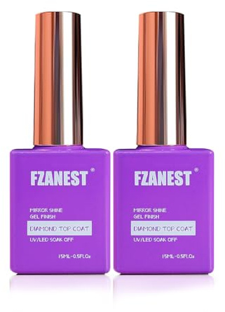 FZANEST Gel Top Coat 2 * 15ML No Wipe Diamond Top Coat Gel Nail Polish Clear High Glossy Mirror Shine Chrome Finish UV LED Long Lasting No Chipping Yellowing Salon Quality Home Use Beauty Gift