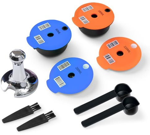 Tas simo Reusable Coffee Pods 60+180ML+Extra Silicone Lids 200+220ML, Refillable Coffee Pods Compatible with Tas simo Machine, BENFUCHEN Reusable Tas simo Pods with A Stainless Steel Coffee Tamper