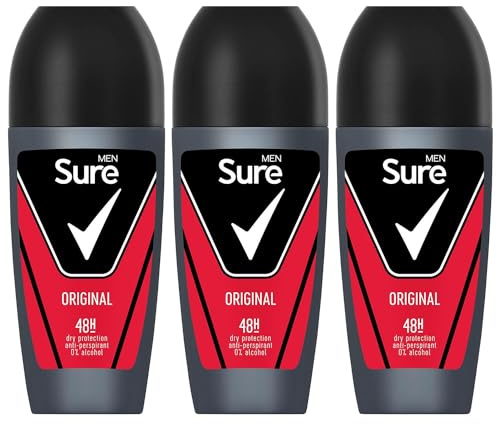 Sure Antiperspirant Roll On Original 48H Sweat and Odour Protection Roll On with Citrusy, Spicy and Woody Scent Deodorant for Men, 50ml Pack of 3