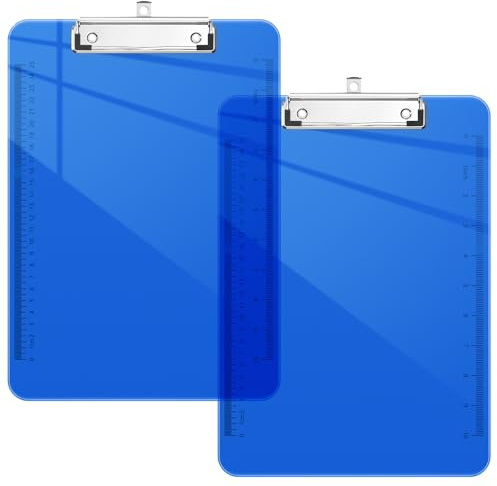 Piasoenc Lot de 2 planchettes à pinces en plastique translucide avec profil bas, porte-bloc violet avec règle, porte-bloc de bureau, fournitures scolaires, format lettre 31,8 x 22,9 cm, bleu