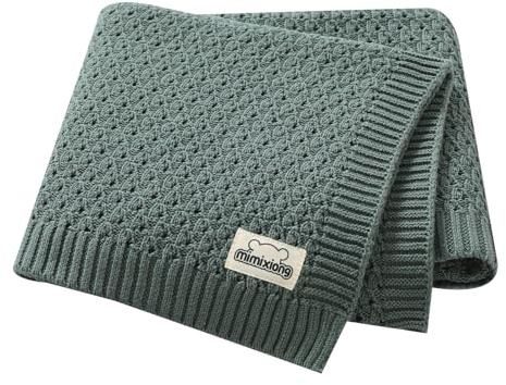 mimixiong 100% Cotton Knitted Cellular Baby Blanket for Boy Girls (Baby Dark Green)
