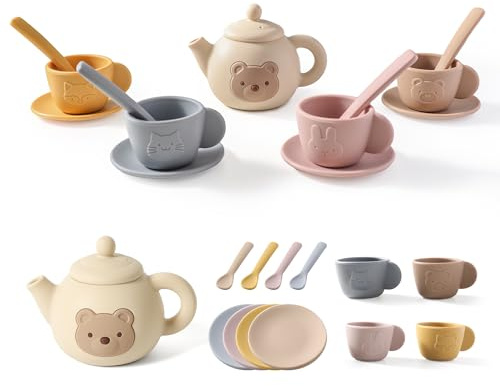 Tea Party Set for Little Girls 1-3 Kids Tea Set 14 Pcs with Silicone Teapot Cups Coasters Carrying Scoop, Kitchen Accessories Pretend Play for Girls Boys Age 3 4 5