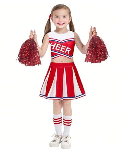 JiAmy Cheerleader Kostüm Kinder, Schulspiel Cheerleading Uniform Halloween Fancy Dress Up Outfit für 9-10 Jahre