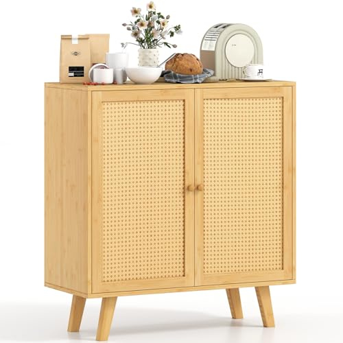 COSTWAY Rattan Storage Cabinet, Bamboo Buffet Sideboard with 2 Magnetic Door & Anti-slip Foot Pads, Freestanding Display Organiser Cupboard for Kitchen, Dining Room, Living Room, Hallway