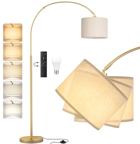 PreeOtti Lampadaire sur Pied Salon, LED E27 Lampe a Pied avec Télécommande, Lampadaire Arc Vintage, 3000K-6000K Intensité Variable pour Salon Chambre Bureau, Abat-jour Beige et Socle Doré, 180cm