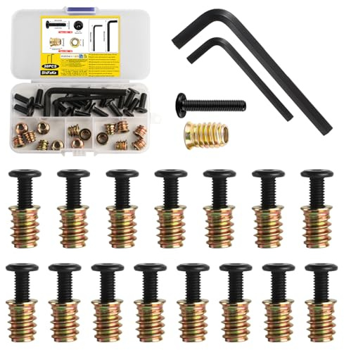 30 Pcs M6 Threaded Inserts for Wood with Bolts Set: 15 Furniture Hex Socket Drive Screw-in Nuts(M6x 10mm) & 15 Furniture Screws Flat Head Hex Socket Bolts(M6x 16mm), for Wood Furniture,with 2 Wrench