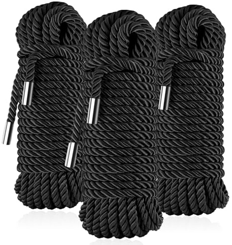 Silky Soft Braided Nylon Rope - Skin-Friendly & Durable Satin Braided & Twisted Cord, 8mm Thick x 32ft, Includes Storage Bag (3 x Black)