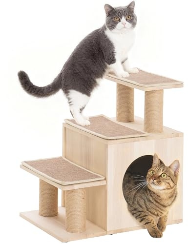 KinoTail 3-in-1 Pet Stairs for Cats, 6.3 Depth Pet Steps for Cat, Wood Cat Stairs for High Bed and Sofa, 1 Condo Cave, Scratching Post, Sturdy Indoor Pet Stairs with Non-Slip Carpet Pads