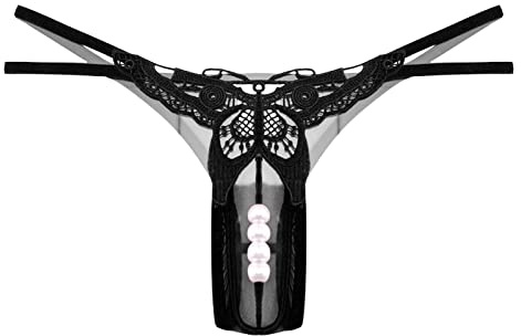 Vhersily Donna Aperto Sexy Perla Tanga Pizzo Hollow Perizoma Slip Intimo Vita Bassa Tentazione Mutande a con Farfalla Ricamata da Massaggio Perle Taglio Aperto Curvy, Regalo di San Valentino, Clubwear
