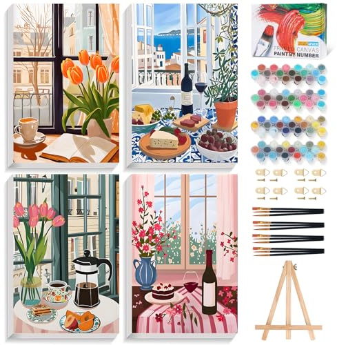 OkarinaArt 4 Pack Paint by Numbers for Adults with Frame, Window Scenery DIY Painting by Number Kits with Wooden Easel, Coffee Framed Adult Paint by Numbers Canvas Kits for Home Decor, 8 x 12 Inch