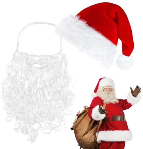 EAVUYIS Ensemble 2 pièces Chapeau de Père Noël avec Barbe, Bonnet de Père Noël Barbepour Adulte, Accessoires de Costume Cosplay de Père Noël