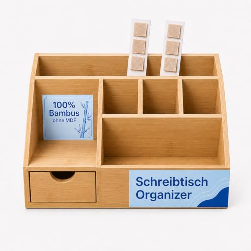 WorkWell. Schreibtisch Organizer aus Bambus by Molunda® – Stiftehalter mit Schublade, Schreibtischablage & Büro-Organizer (Natur, 24,5 x 15 x 11 cm)