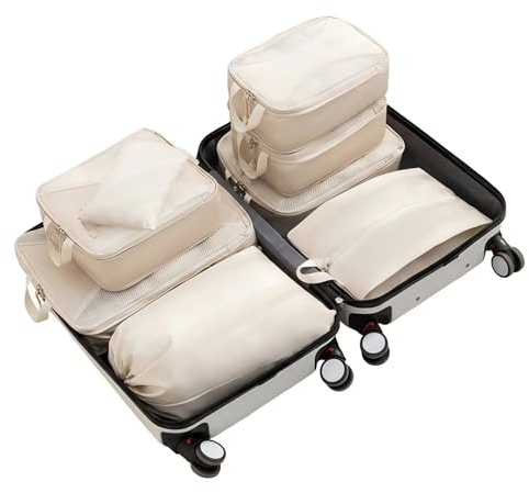 Perclyzm Set De Cubos De Organización Para Viajes – Organizadores De Compresión Con Bolsa Para Zapatos, Neceser Y Bolsa Para Ropa Sucia, Ligeros Para Viajes De Negocios O Week-Ends (Beige, 8 piezas)